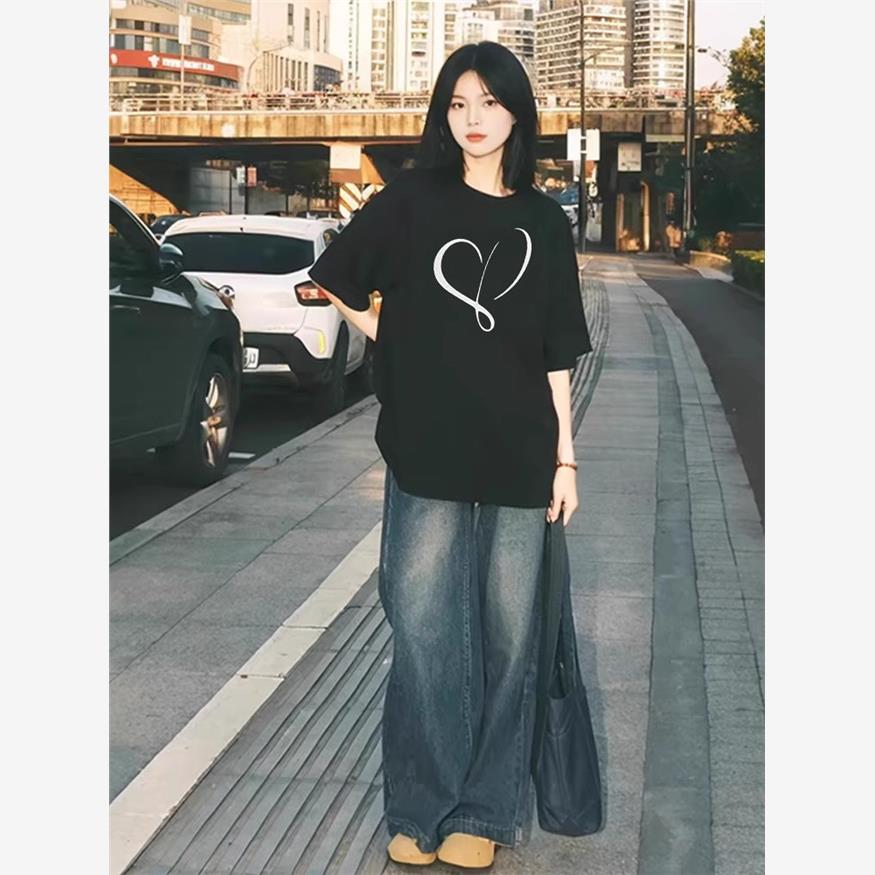美式复古黑色纯棉短袖t恤女夏季2025新款学生宽松体恤半袖上衣服