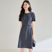 连衣裙25011 灰色刺绣钉珠收腰显瘦气质短袖 25夏季 法式