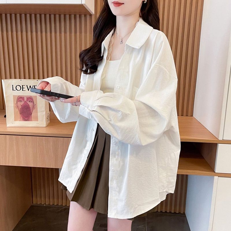 2025长袖白色衬衫女夏季新款大码胖mm显瘦高级感蕾丝拼接上衣百搭