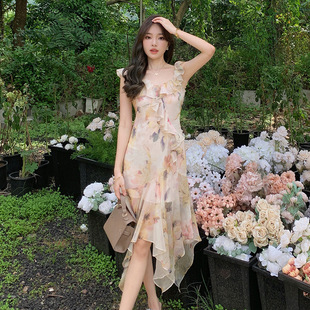 【佛罗伦萨的花园】 2.9m顺纡绉印花 荷叶边吊带/连衣裙