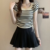 抽绳上衣方领小衫 宽松显瘦设计感短款 冰丝T恤女2025夏季 条纹短袖