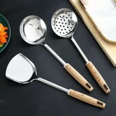 家用仿木把手不锈钢锅铲厨具炒菜漏勺锅勺防烫仿木柄长柄铲子套装