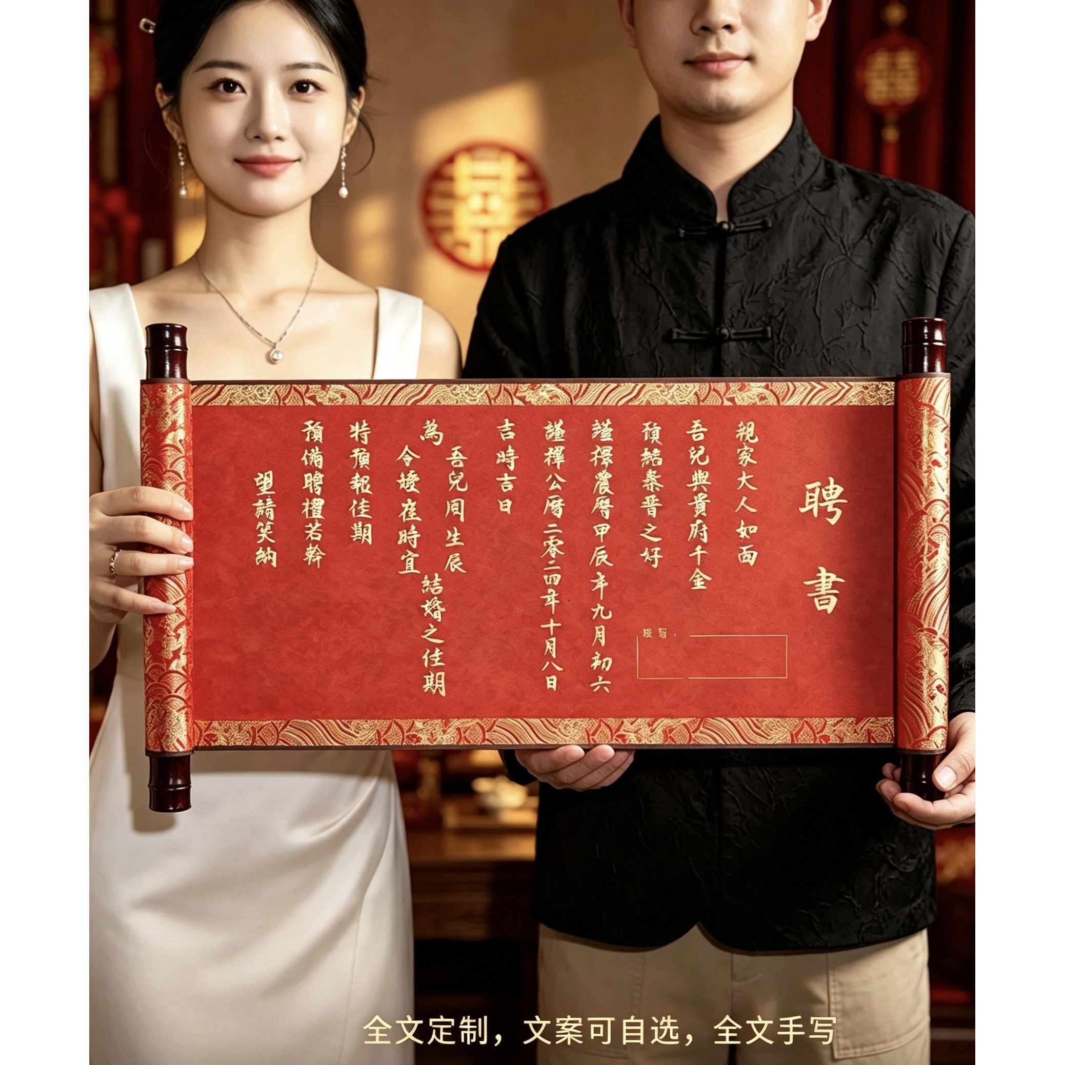 婚书聘书高端手写定制卷轴中式提亲定亲下聘送日子书结婚订婚聘书