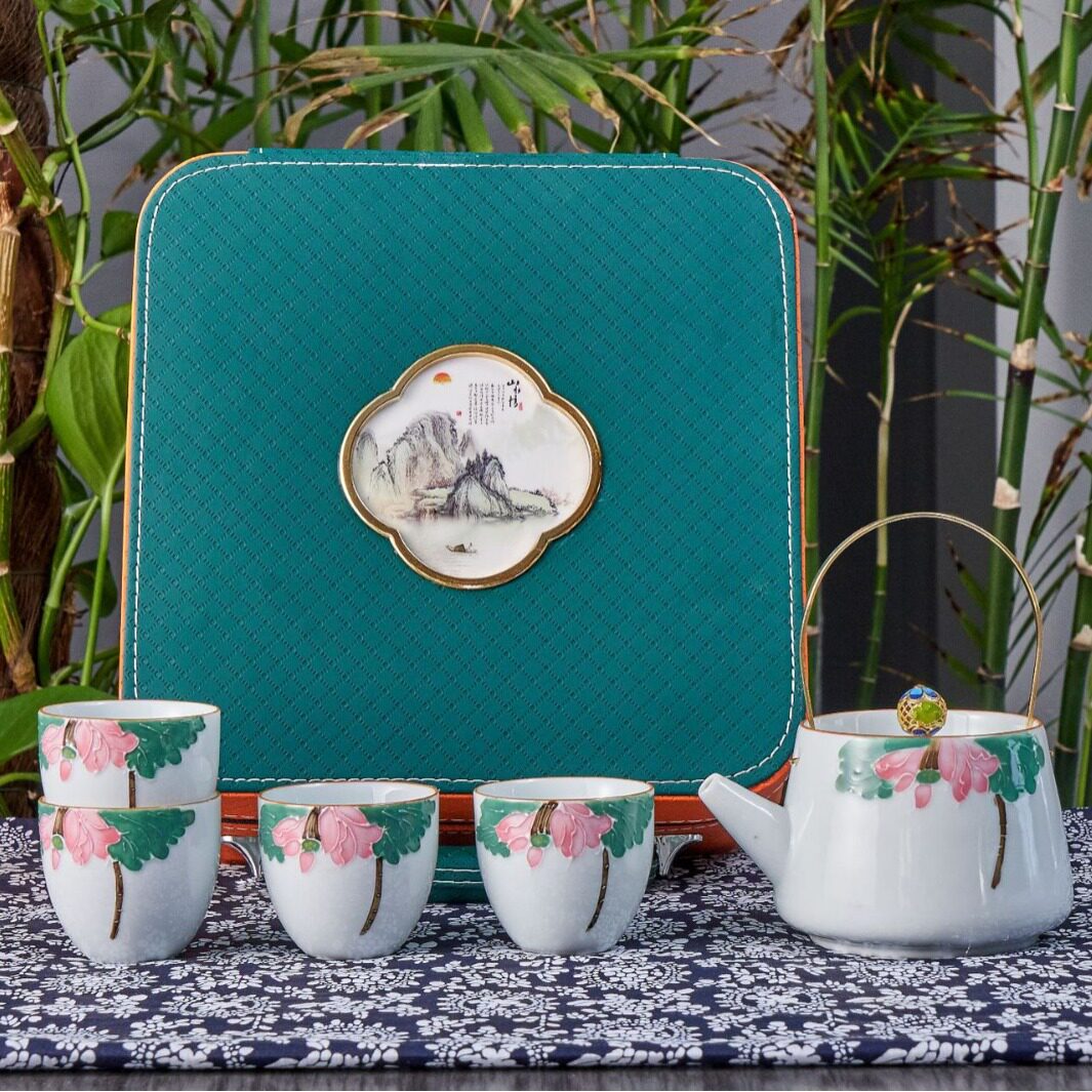 网红旅行茶具套装荷花提梁泡茶壶陶瓷茶杯带茶盘户外便携礼品套装