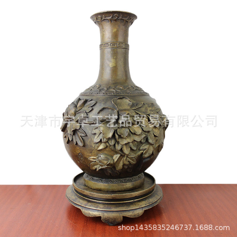 宇卓铜器 纯铜花瓶 黄铜花瓶 有底座牡丹花瓶 工艺品 摆件