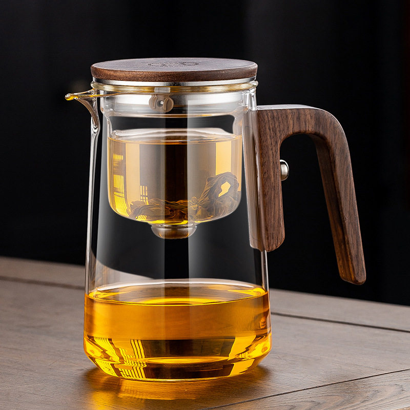 飘逸杯泡茶壶全玻璃内胆磁吸一键过滤家用茶具套装胡桃木把泡茶杯