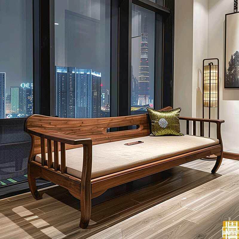 新中式北美黑胡桃木罗汉床别墅客厅实木贵妃榻简约沙发床具