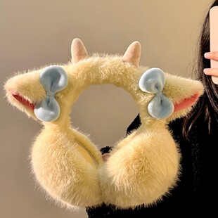 奶黄色小羊角毛绒绒耳罩女生冬可爱耳套骑车保暖防冻护耳包可折叠