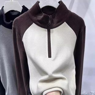 欧货拼接拼色半开高领拉链立领T恤女秋冬磨毛双面德绒打底衫上衣