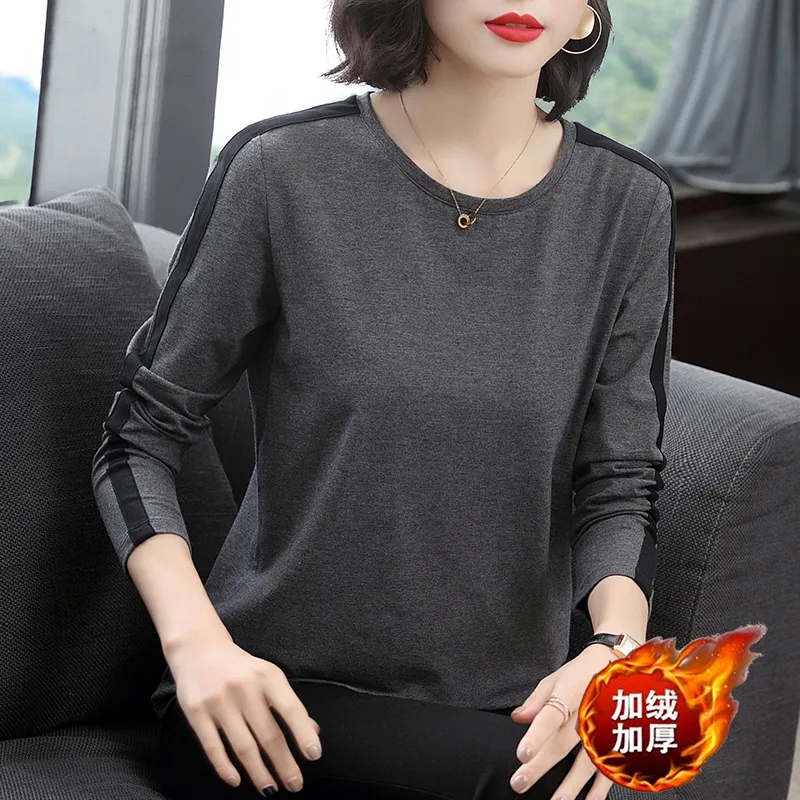 加绒/不加绒秋冬长袖T恤女宽松遮肚大码加绒加厚打底衫女短袖上衣