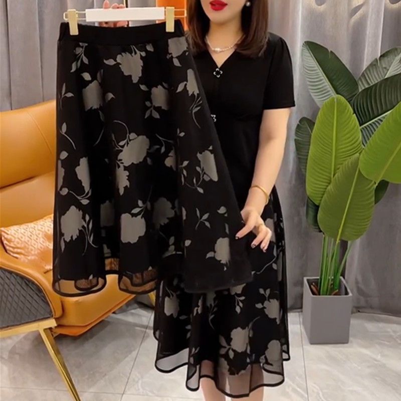 大码半身裙夏季女网纱蕾丝中长裙