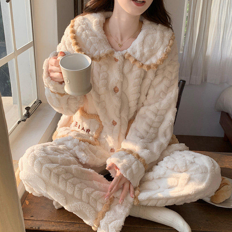 美梦秋冬季珊瑚绒睡衣女款加厚加绒甜美保暖长袖开衫法兰绒家居服
