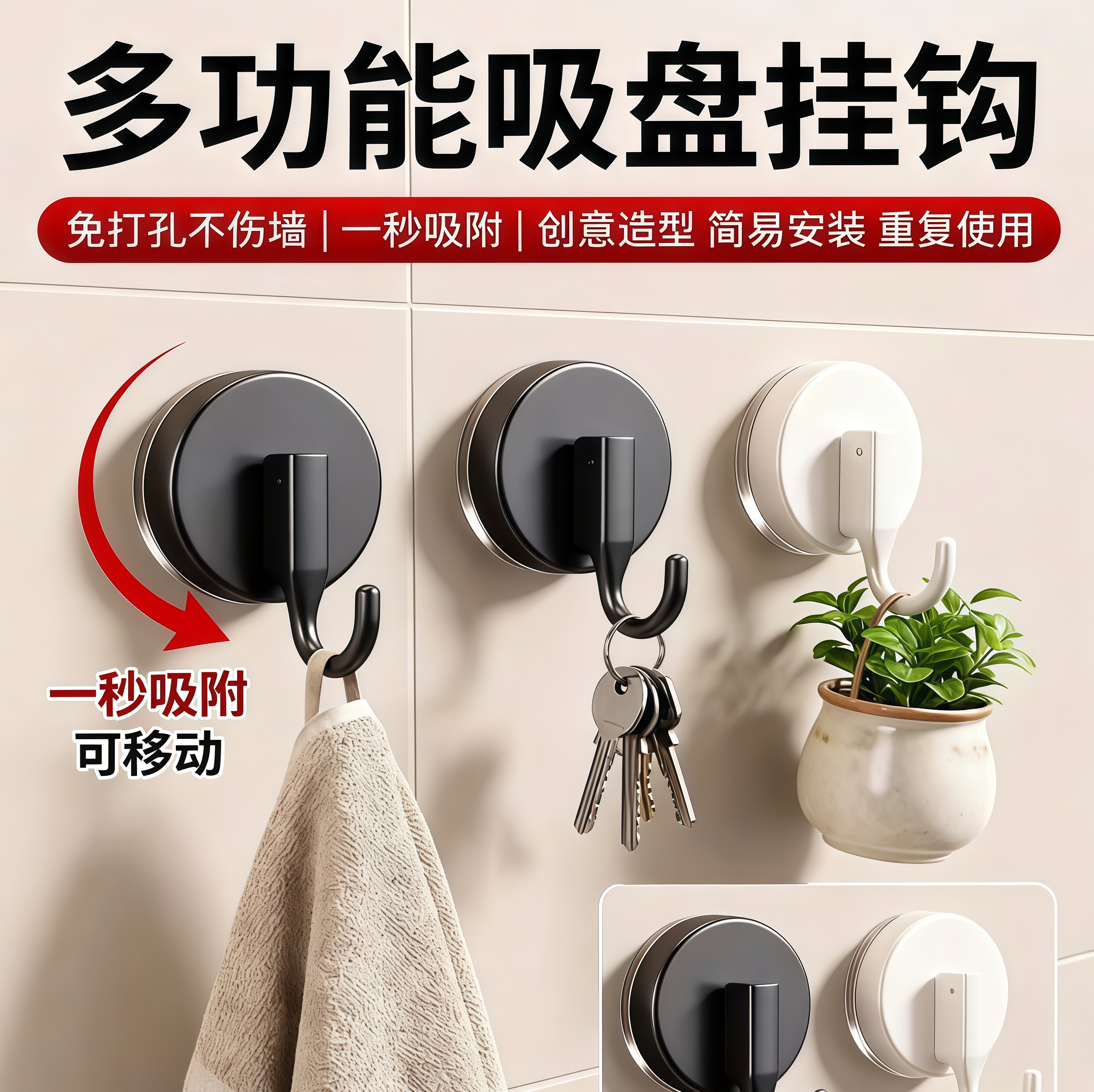 吸盘挂钩无痕免打孔真空强力承重粘钩厨房门后浴室卫生间墙壁粘胶
