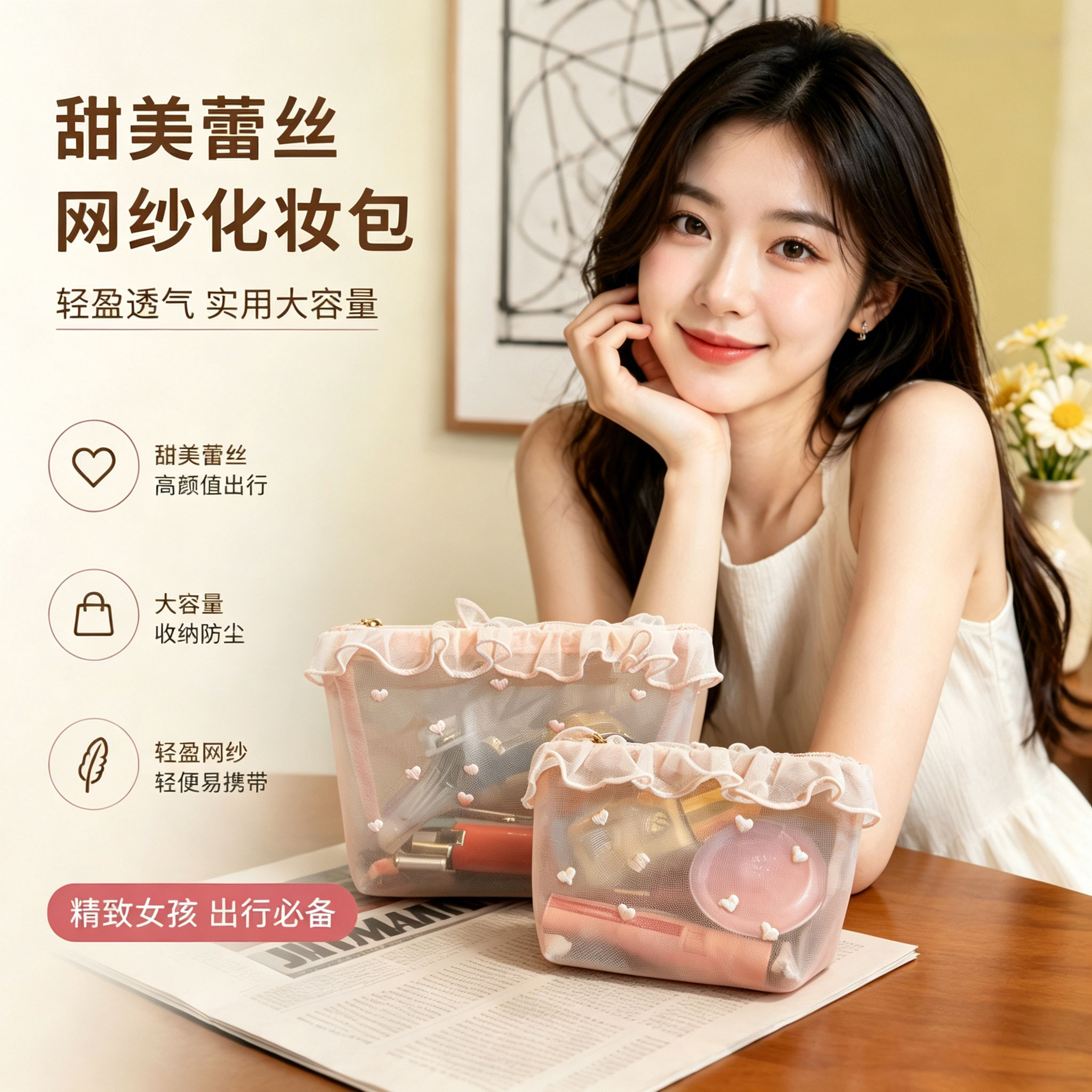 韩国ins风少女网纱爱心刺绣便携