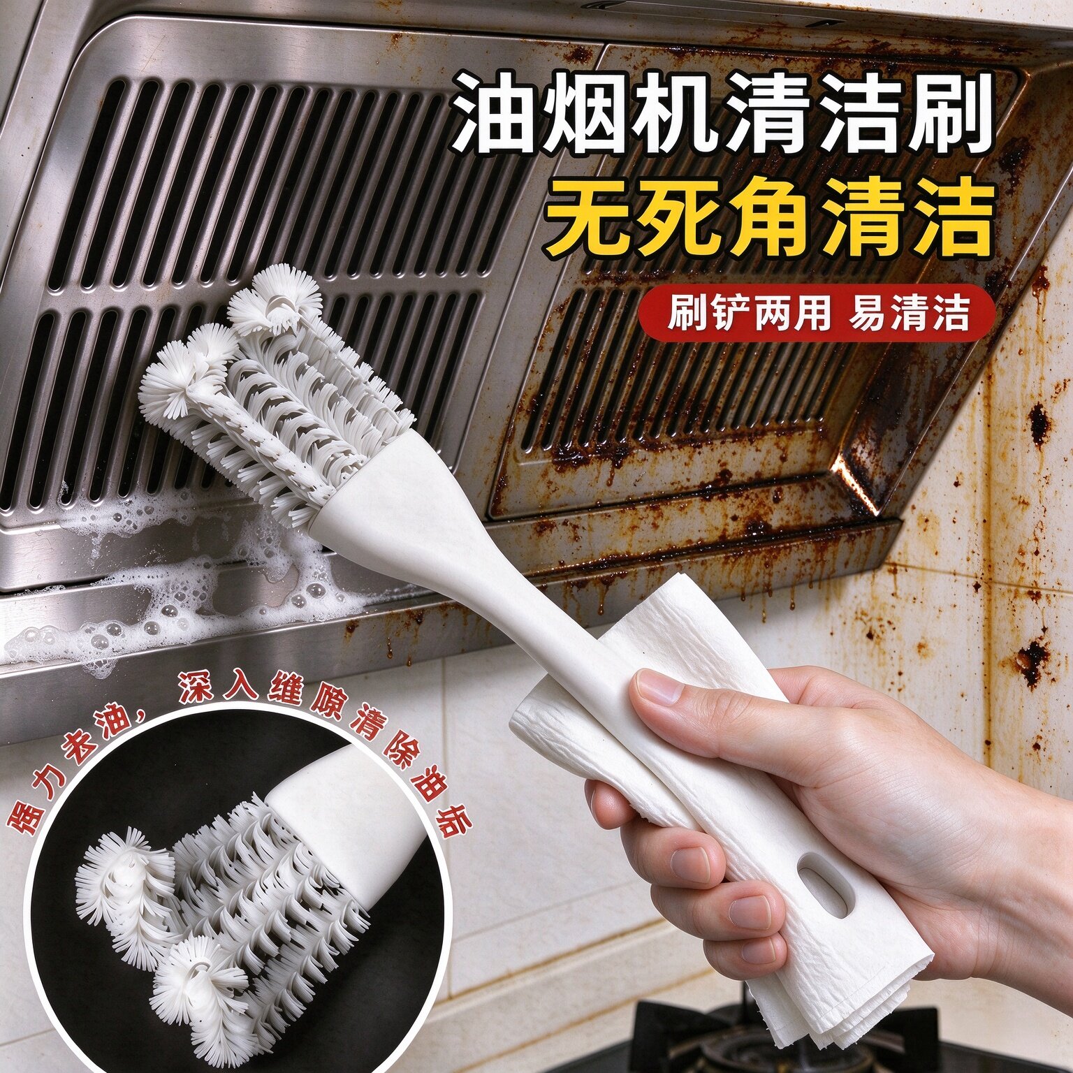 油烟机清洗专用刷带柄钢丝刷厨房灶台去油污缝隙刷烧烤网清洁工具