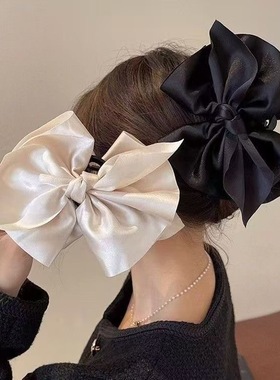 大蝴蝶结很显头~缎面黑色发抓鲨鱼夹女发夹后脑勺量多发卡抓夹ins