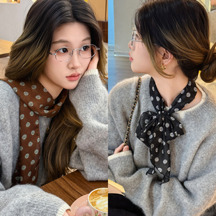 棕色波点丝巾印花高级百搭配饰系脖女2025年新款 发带腰带长条围巾