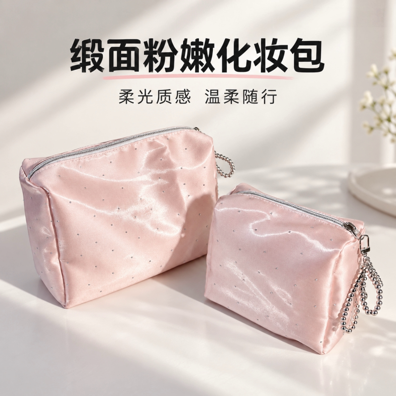 烫钻化妆包外出便携柔光缎面收纳包旅行大容量洗漱包高颜值零钱包