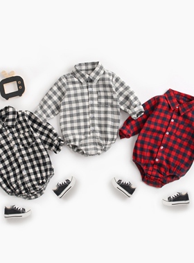婴幼儿服饰秋冬格子男宝宝哈衣长袖衬衣款婴儿爬服newborn春秋ins