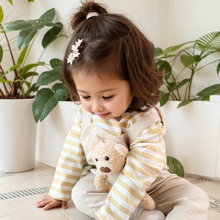 背带裤假两件小熊爬服婴儿衣服中性宝宝条纹韩版春秋婴幼儿连体衣