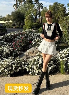 蕾丝木耳荷叶边设计感低腰白色拼接超短裙半身裙 新款 Lisa同款 夏季