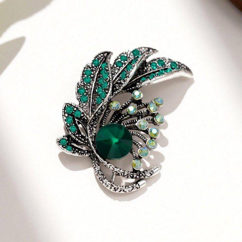 跨境创意复古镶钻祖母绿树叶胸针女合金花卉胸花别针服装包包配饰,饰品/流行首饰/时尚饰品新,胸针,淘宝优惠券,粉丝福利购,淘宝优惠卷