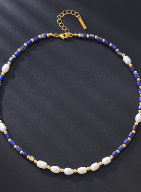 高档轻奢天然淡水珍珠青金石项链独特气质设计感女颈链