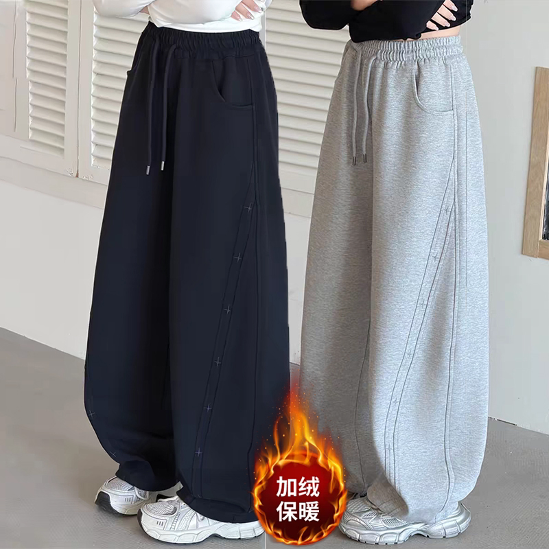 秋冬女童裤子韩系女大童一体绒直筒阔腿裤甜酷女孩加绒运动休闲裤