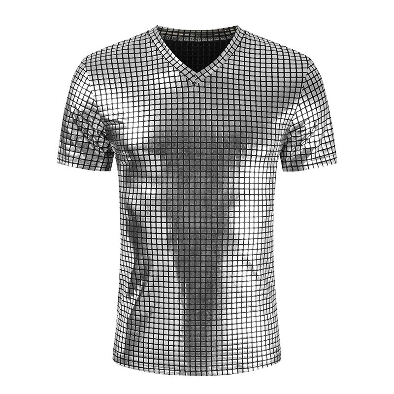 Mens 2025 Checkered Short Sleeve VNeck Glossy TShirt