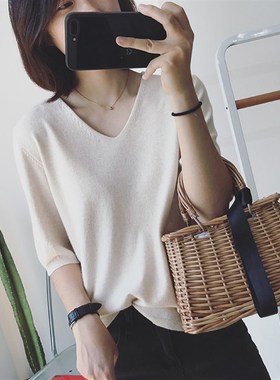 Summer Womens Clothing Simple Vneck Versatile Loose Pullover