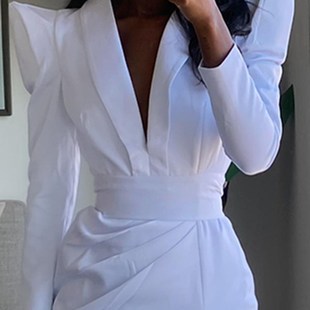 High Dres Shoulder Long Fashion Slit Waist Deep Wide White