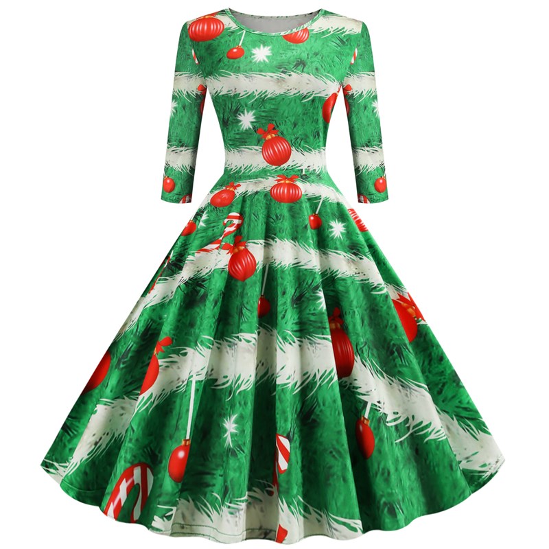 Mid Sleeve Elegant Retro Print Aline Dress for Christmas 202