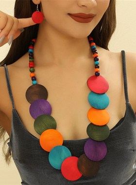 African Style Woodchip Beaded Necklace Earring Set Exaggerat