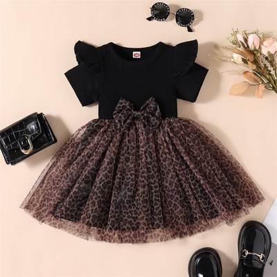 Girls Summer Leopard Print Net Mesh MultiLayered Bow Princes