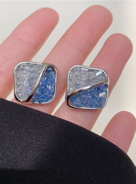 Silver Needle Contrast Crystal Square Earrings Compact Simpl