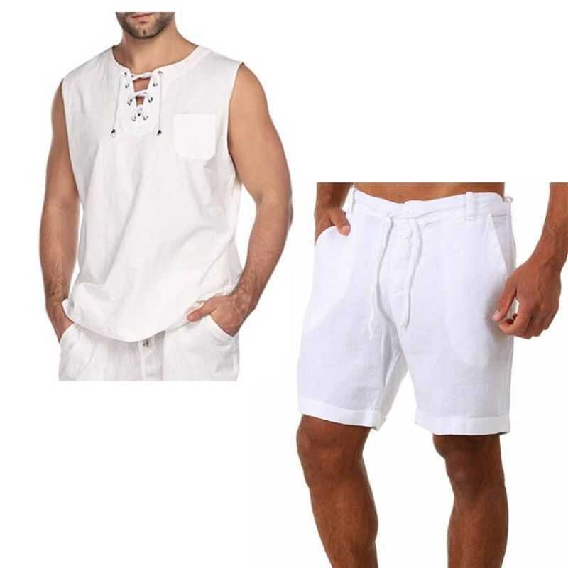 2025 Mens Casual Linen Stand Collar Oversized VNeck Set Slee