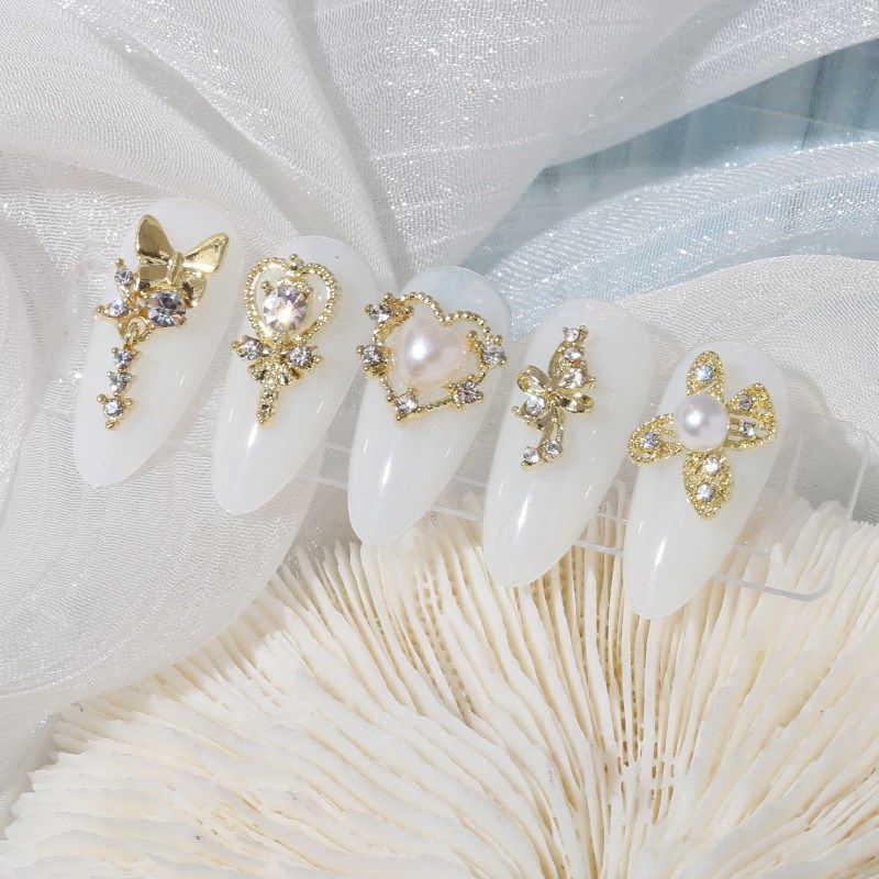 New Nails Metal Charms Pearl Heart Bow Tie Nail Drill Mixed