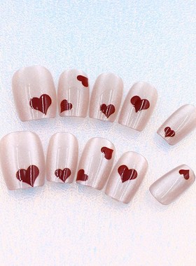Short Red Heartshaped Cateye Nail Tips Detachable Reusable 3