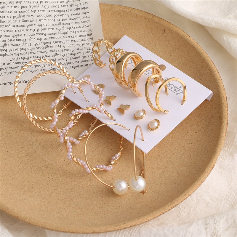 Retro Diamond Pearl 9Piece Earring Set EuropeanAmerican Gold
