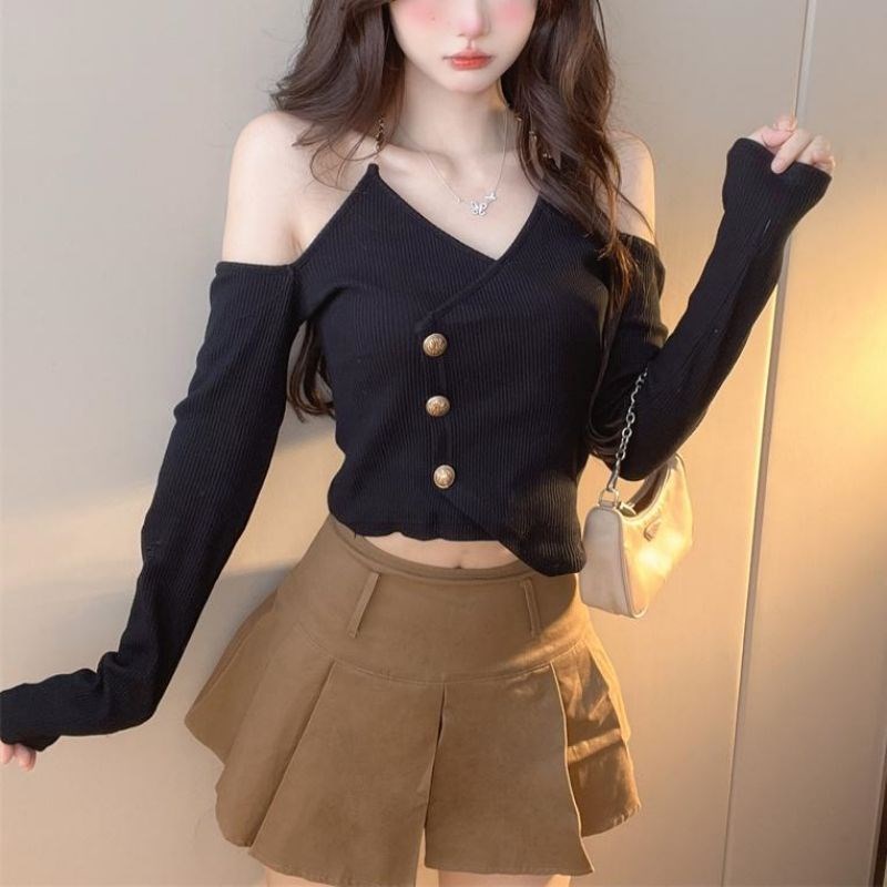 2025 Early Autumn Womens Fashion Knitted Long Sleeve Off Sho