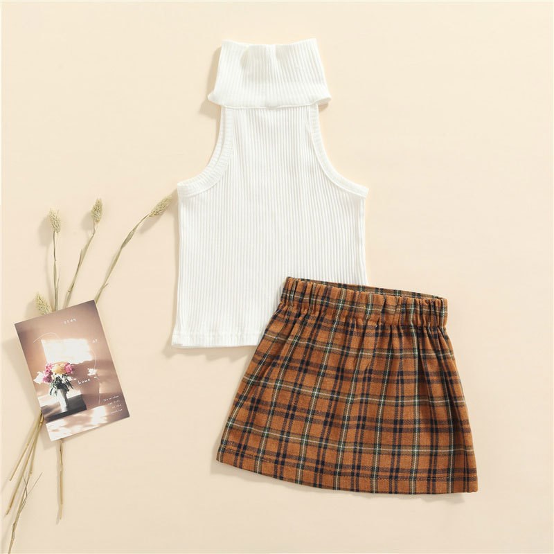 2Piece Pure Color Ribbed HighNeck Sleeveless Crop Top Plaid