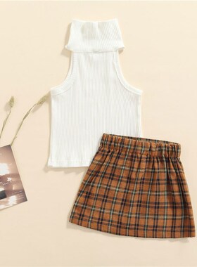 2Piece Pure Color Ribbed HighNeck Sleeveless Crop Top Plaid