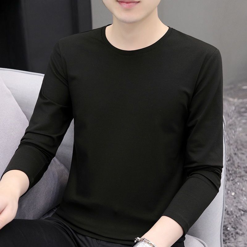 Pure Color Round Neck Long Sleeve Tshirts for Men Solid Blac