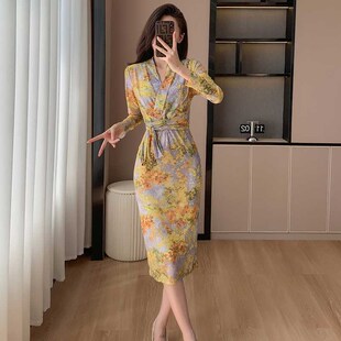 Yellow Floral MidLength Autumn Hip Slim Dress Wrap Mesh