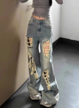 Retro American Design Ripped Jeans High Waist Straight Loose