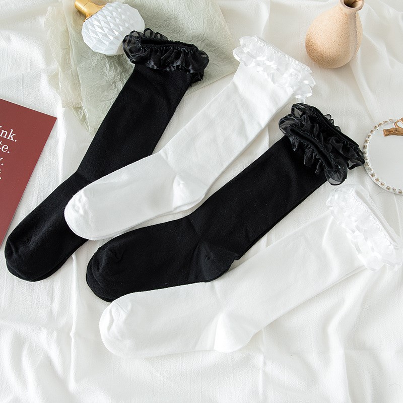Pure Color Japanese Lolita Socks with Lace Trim Midcalf Sock