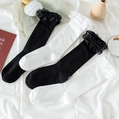 Pure Color Japanese Lolita Socks with Lace Trim Midcalf Sock