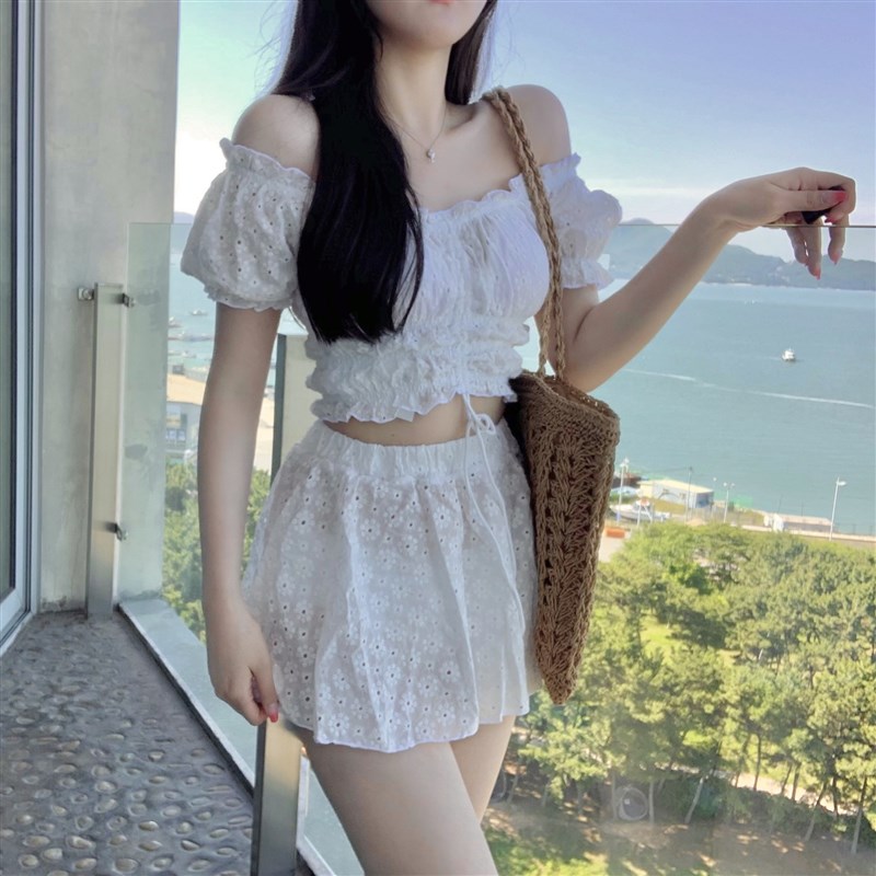 Korean Princess Hollow Bubble Sleeve Split High Waist Swimwe