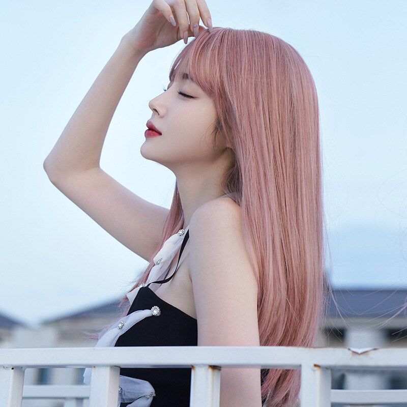 Long Straight Air Bangs Pink Wig for Women Full Head Cover F
