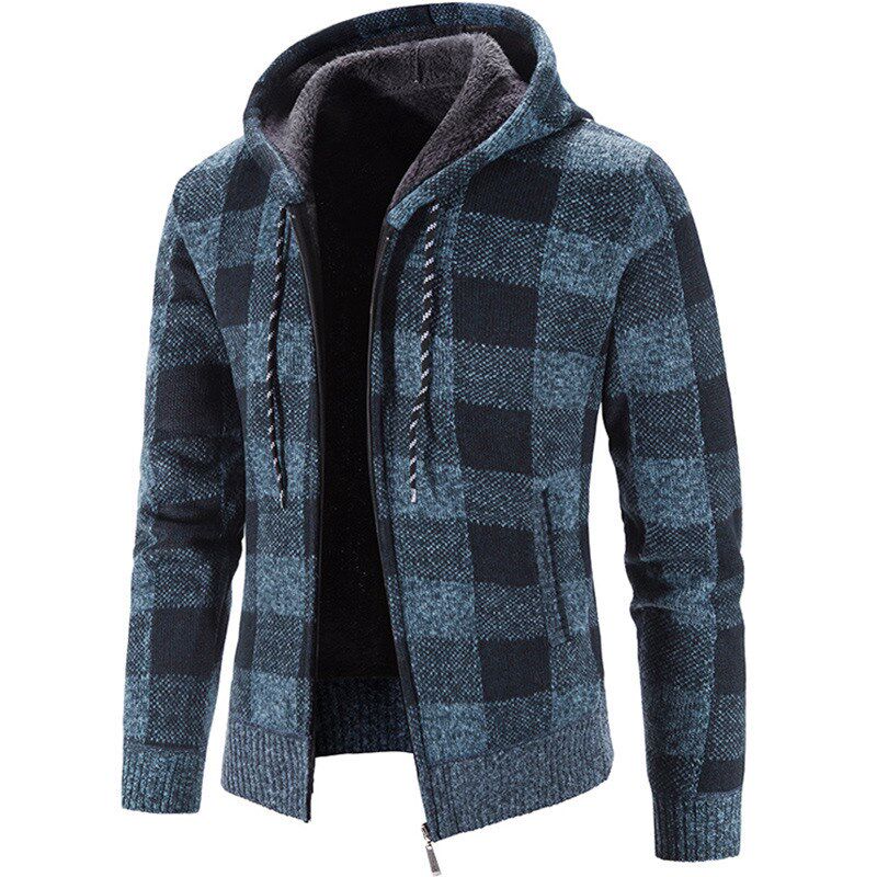 Mens Jacket Zipper Hooded Sweater Plaid Casual Outerwear Fle